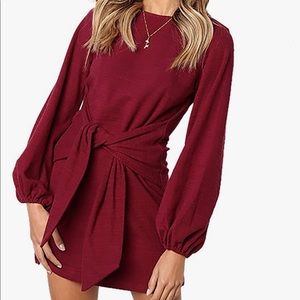 Women’s long lantern sleeve short dress crew neck tie waist